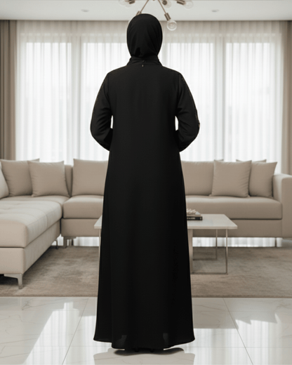 Premium Black Nida Abaya with Computerized Embroidery | Front Closed with Piping | Modest Wear for Casual & Party Use