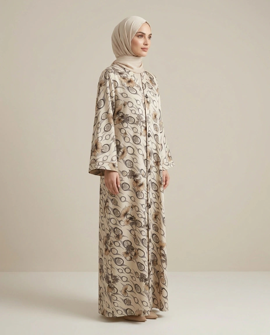 Imported Foil Light Color Jacquard Abaya - Front Open