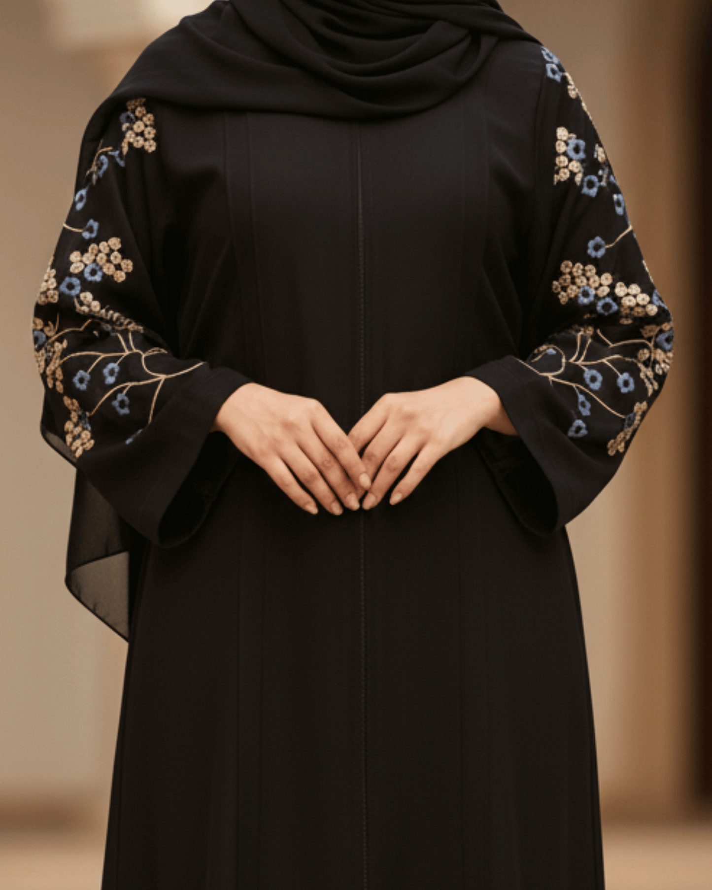 Jet Black Nida Abaya with Floral Embroidery on Sleeves & Back