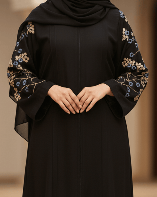 Jet Black Nida Abaya with Floral Embroidery on Sleeves & Back