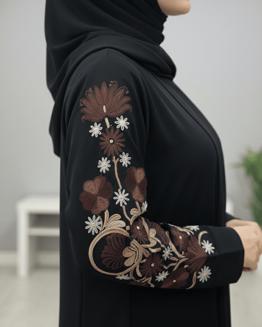 Black Nida Abaya with Full Computerized Embroidered Sleeves & Pintux Front Design