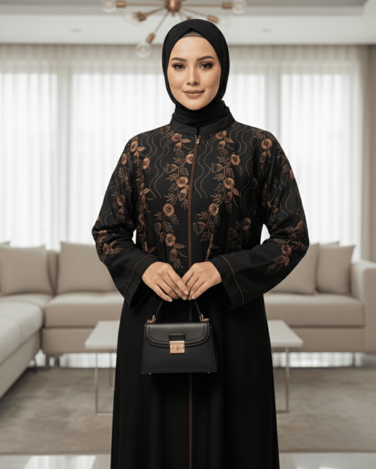 Premium Black Nida Abaya with Computerized Embroidery | Front Closed with Piping | Modest Wear for Casual & Party Use