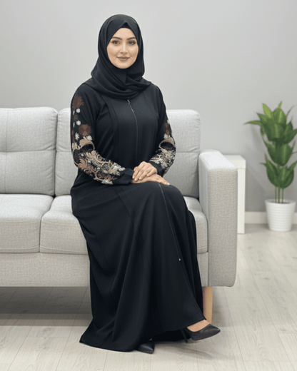 Black Nida Abaya with Full Computerized Embroidered Sleeves & Pintux Front Design