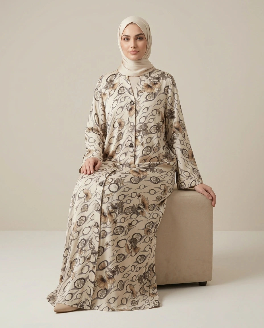 Imported Foil Light Color Jacquard Abaya - Front Open