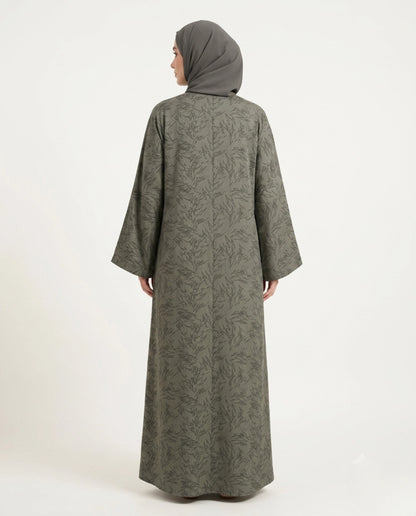 Imported Magestic Printed Dark Gray Abaya - Front Open