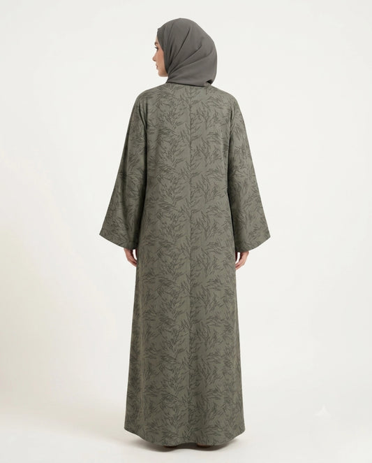 Imported Magestic Printed Dark Gray Abaya - Front Open