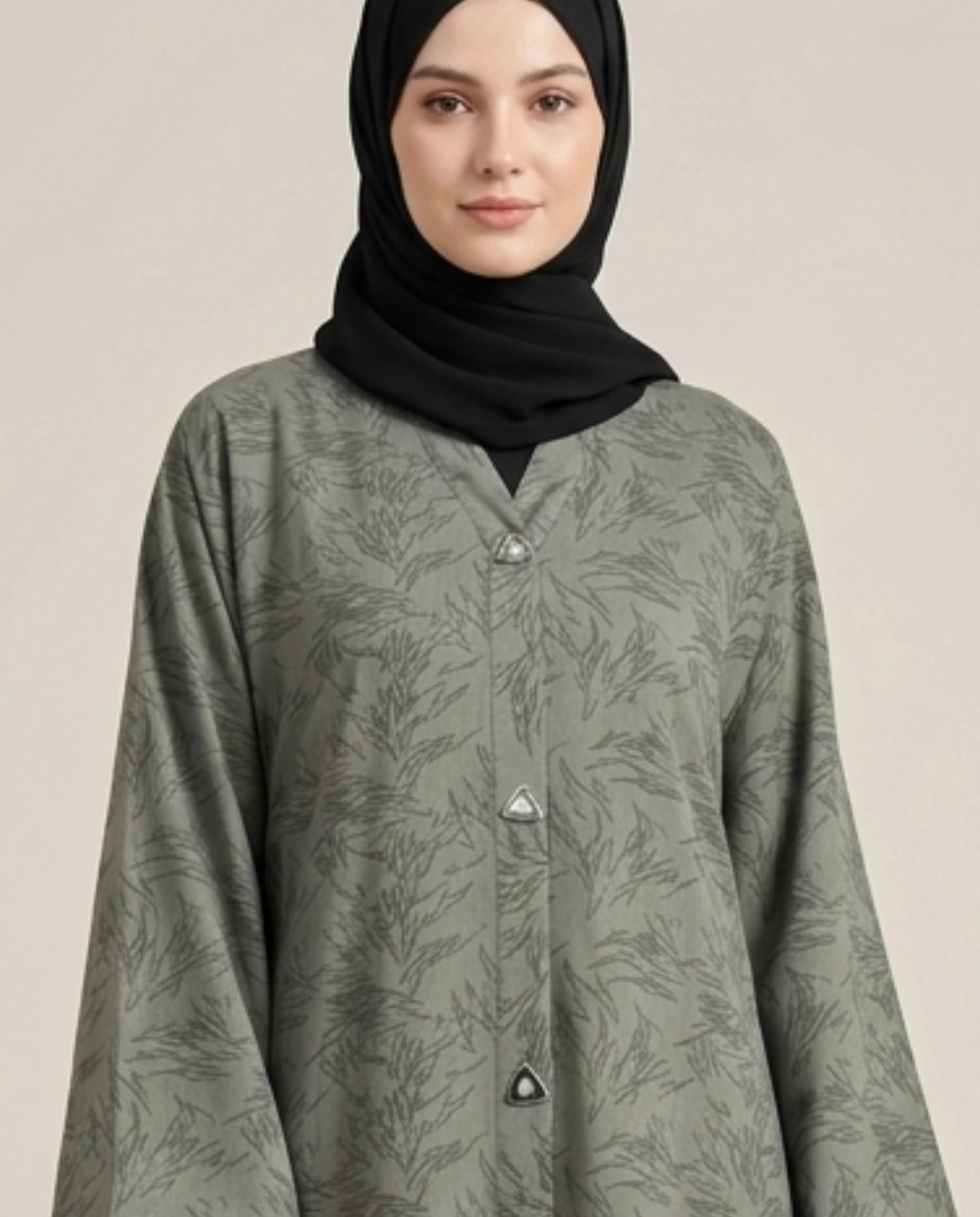 Imported Magestic Printed Dark Gray Abaya - Front Open