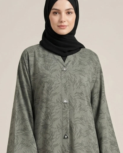 Imported Magestic Printed Dark Gray Abaya - Front Open