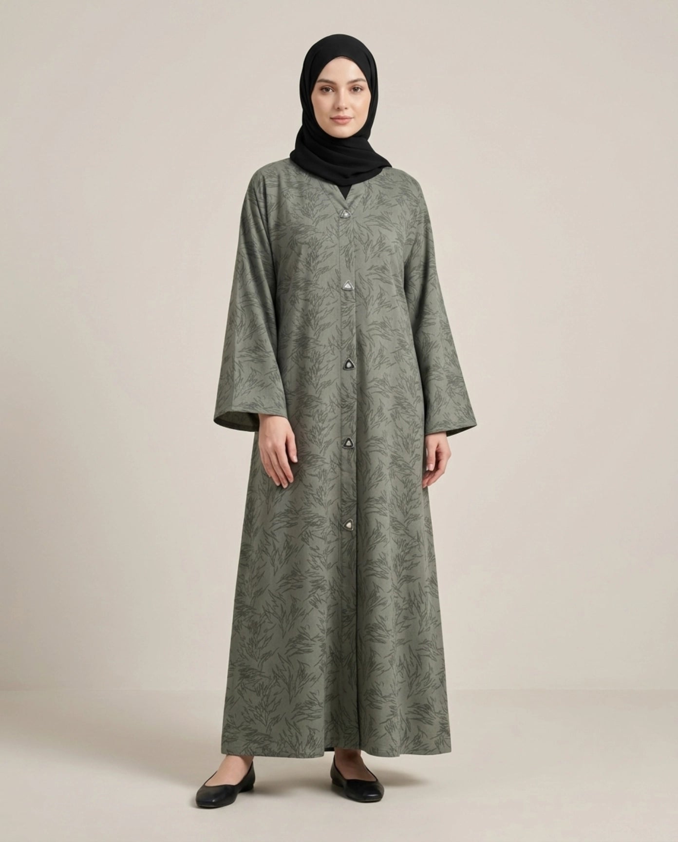 Imported Magestic Printed Dark Gray Abaya - Front Open