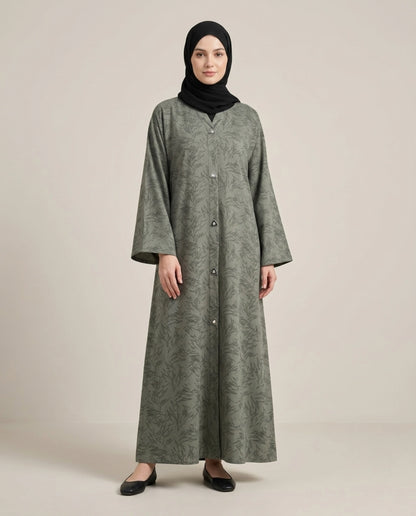 Imported Magestic Printed Dark Gray Abaya - Front Open