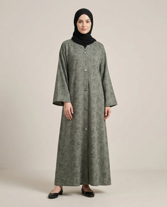 Imported Magestic Printed Dark Gray Abaya - Front Open