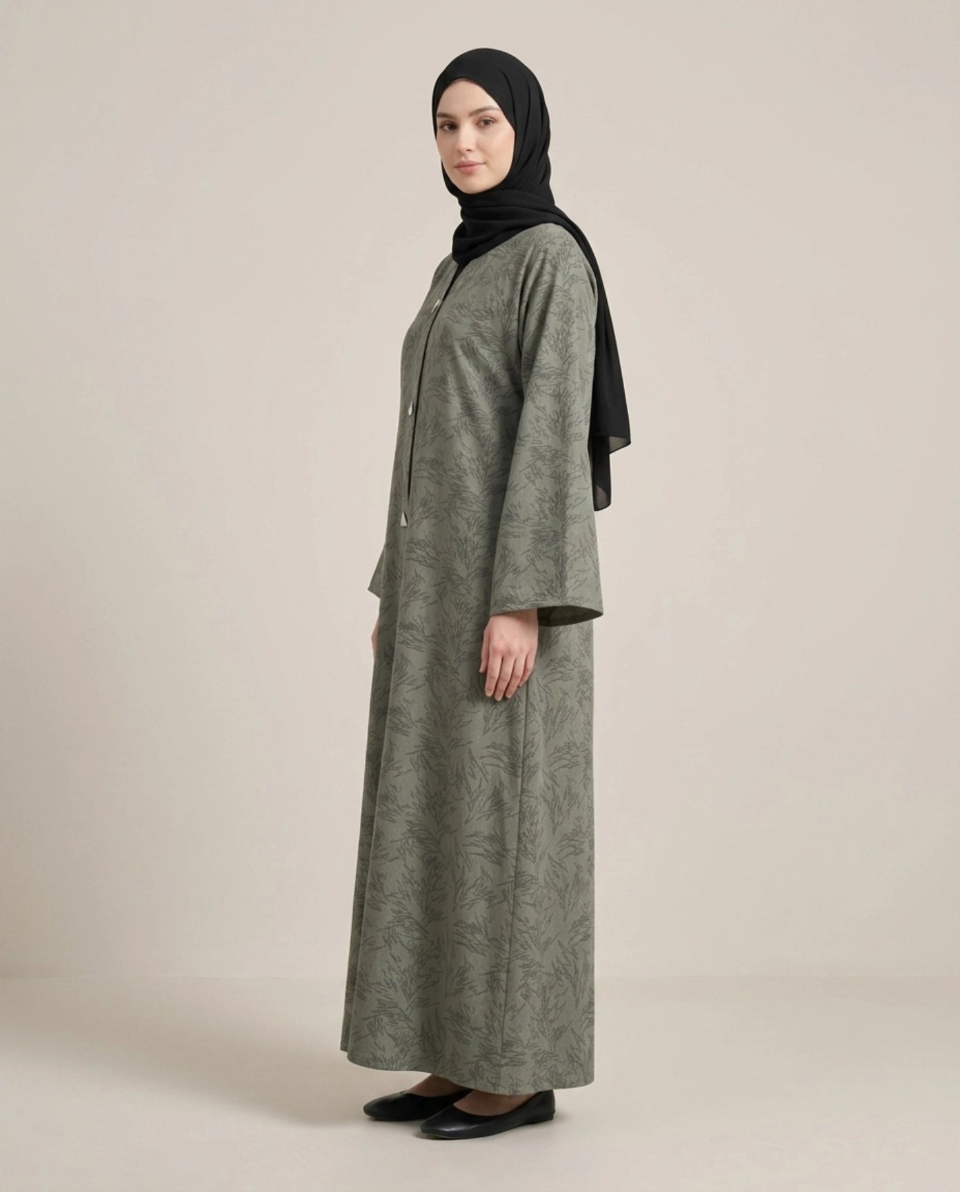 Imported Magestic Printed Dark Gray Abaya - Front Open