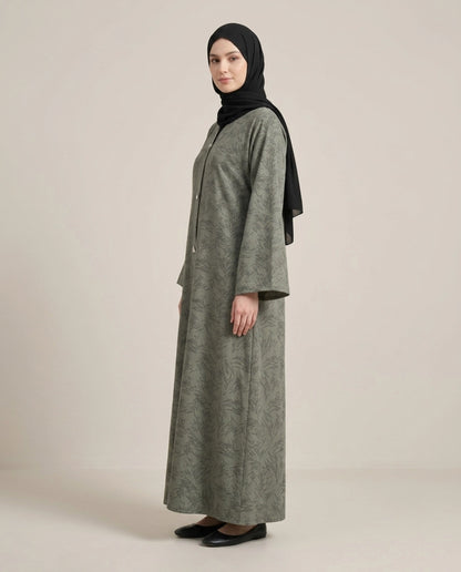 Imported Magestic Printed Dark Gray Abaya - Front Open