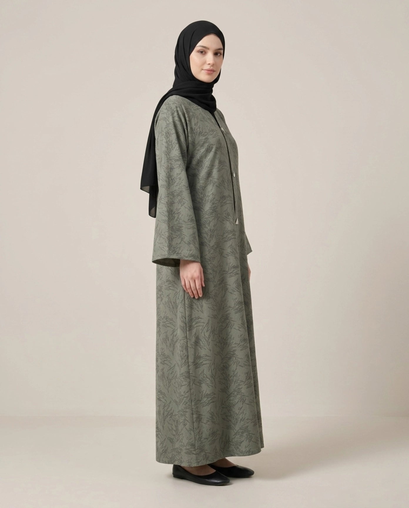 Imported Magestic Printed Dark Gray Abaya - Front Open