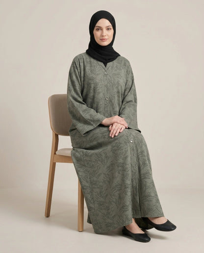 Imported Magestic Printed Dark Gray Abaya - Front Open