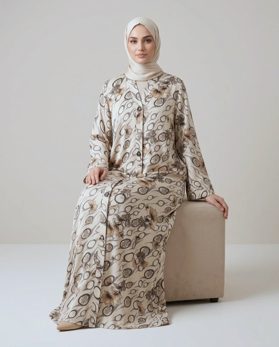 Imported Foil Print Abaya - Front Open
