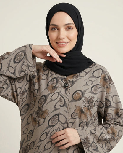 Imported Foil Print Self-Design Abaya - Front Open