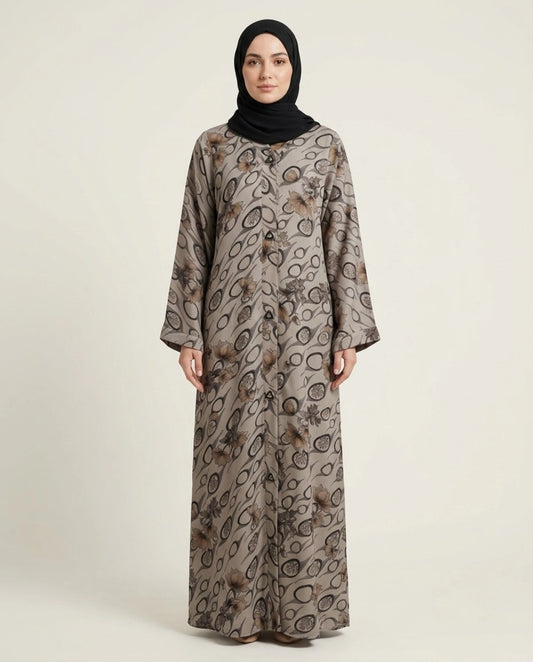 Imported Foil Print Self-Design Abaya - Front Open