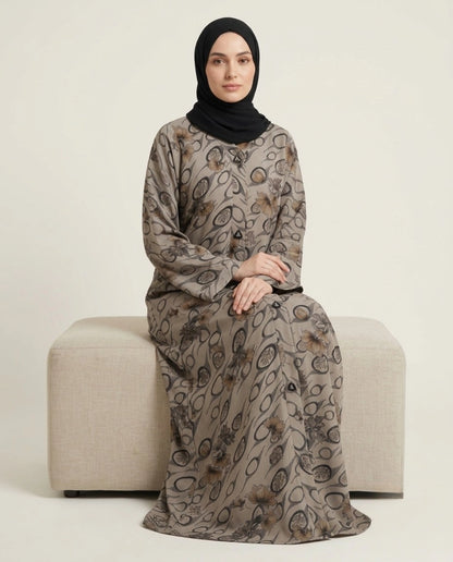 Imported Foil Print Self-Design Abaya - Front Open
