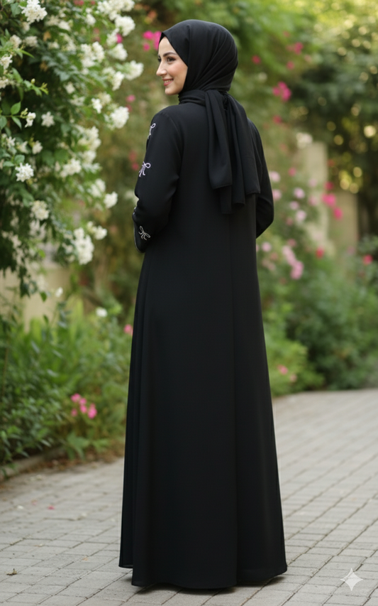 Premium Black Abaya with Elegant Bow Embroidery on Sleeves
