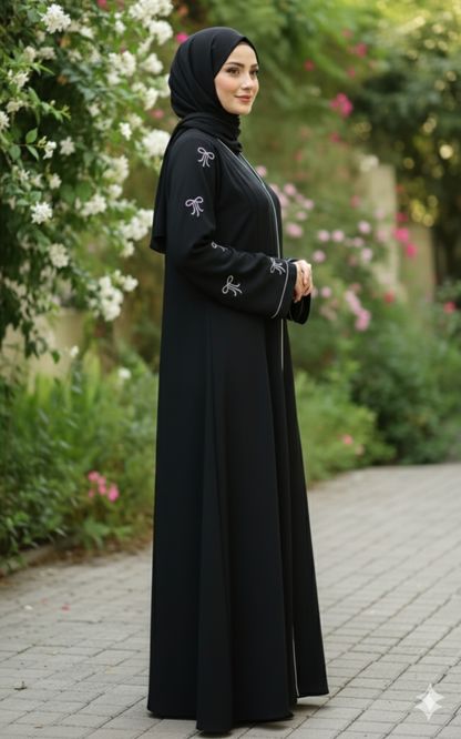 Premium Black Abaya with Elegant Bow Embroidery on Sleeves