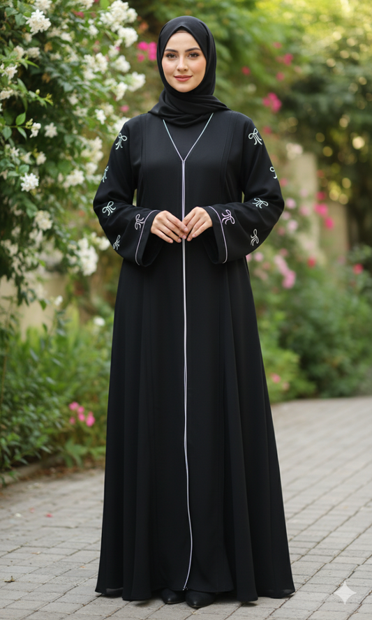 Premium Black Abaya with Elegant Bow Embroidery on Sleeves