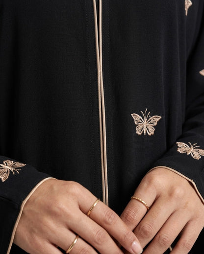 Black Butterfly Abaya with Golden Thread
