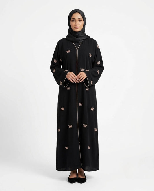 Black Butterfly Abaya with Golden Thread