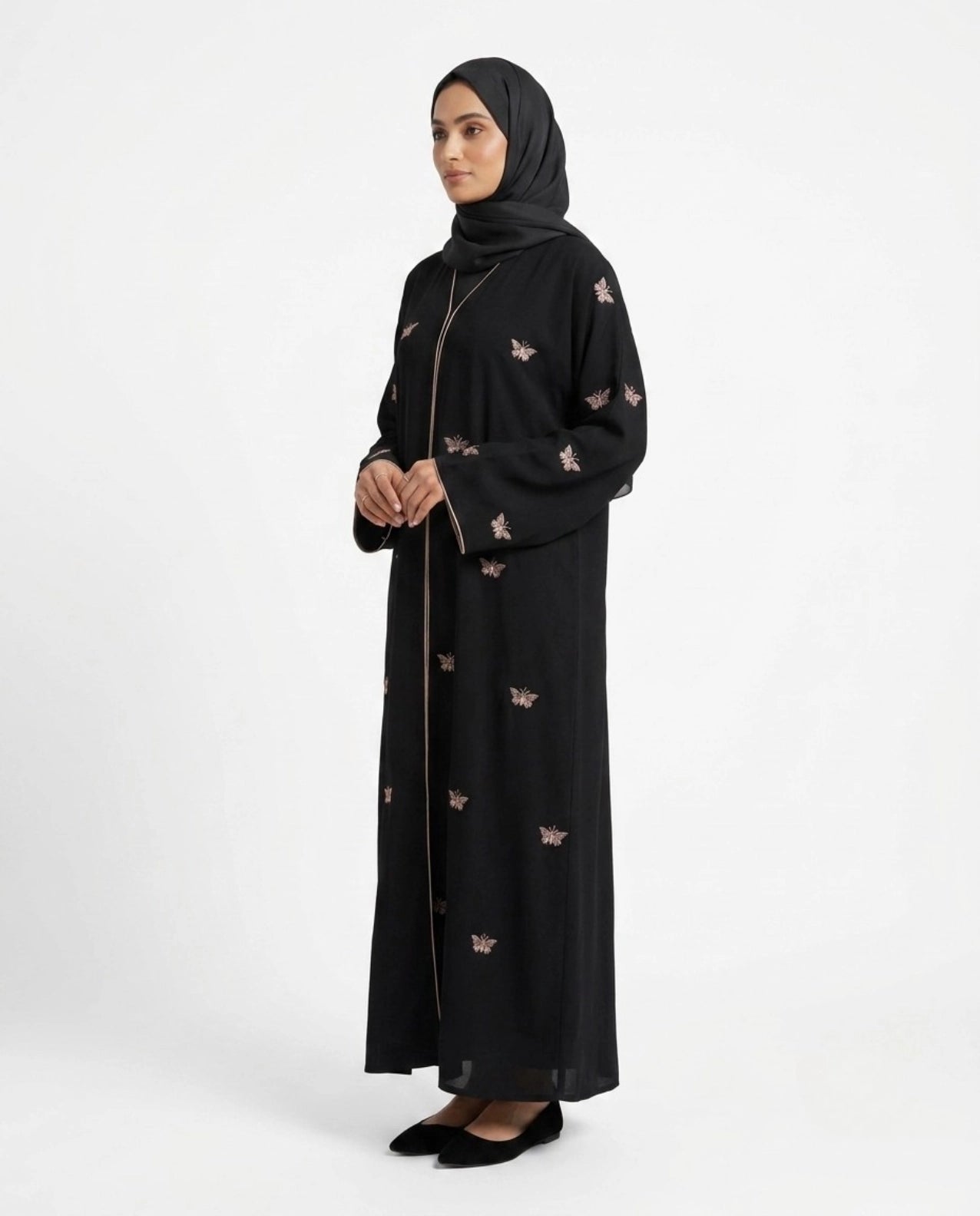 Black Butterfly Abaya with Golden Thread