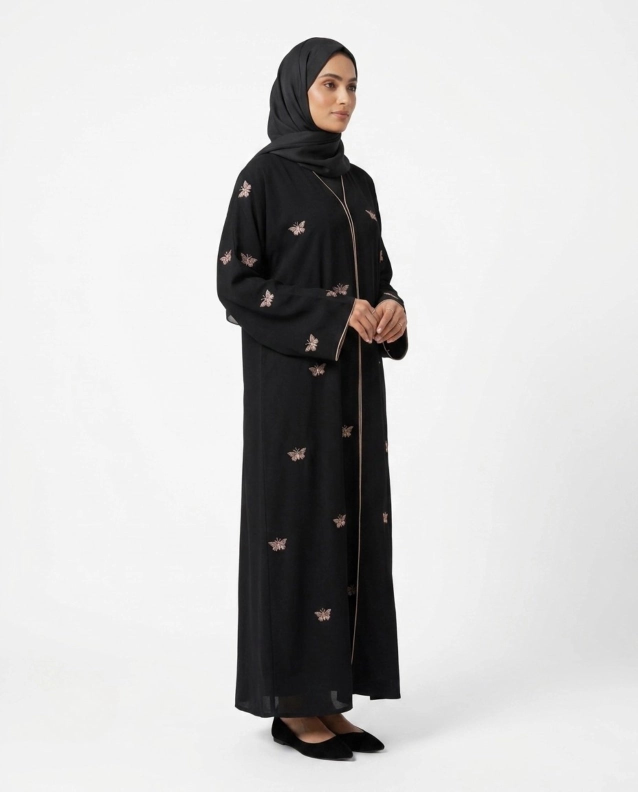 Black Butterfly Abaya with Golden Thread