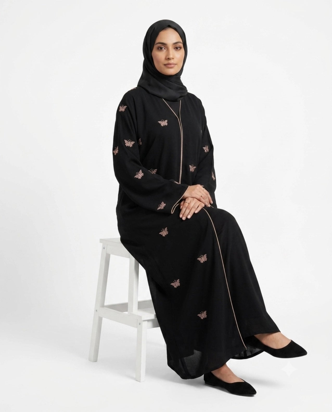 Black Butterfly Abaya with Golden Thread