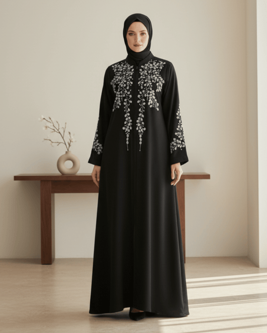 Black Abaya with White Floral Embroidery | Closed Front Modest Wear for Women