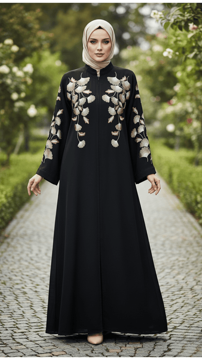 Premium Black Nida Abaya with Computerized Embroidery | Front Closed Modest Wear for Casual & Party Use