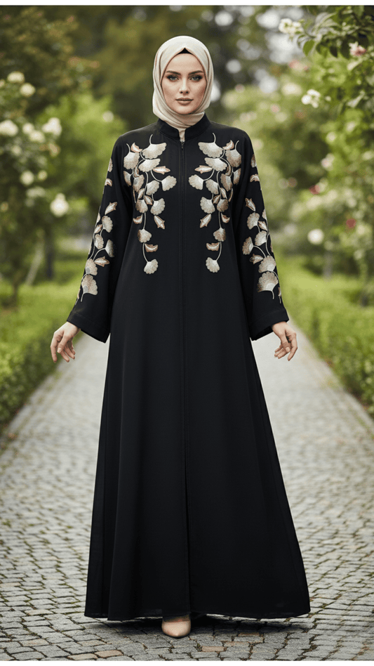 Premium Black Nida Abaya with Computerized Embroidery | Front Closed Modest Wear for Casual & Party Use