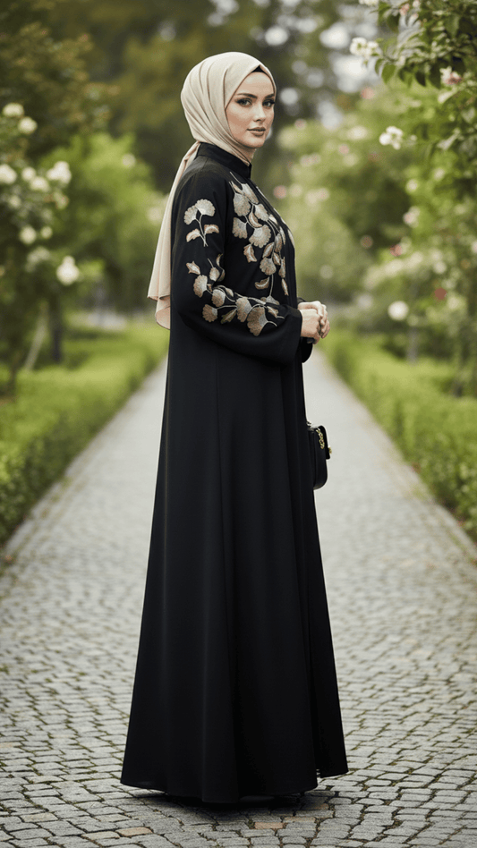 Premium Black Nida Abaya with Computerized Embroidery | Front Closed Modest Wear for Casual & Party Use