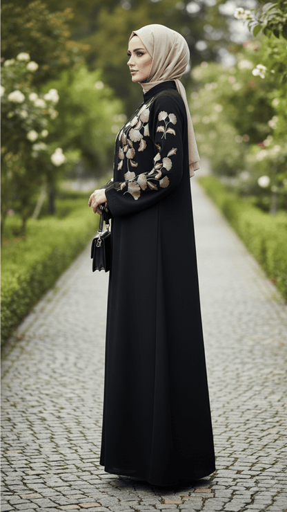 Premium Black Nida Abaya with Computerized Embroidery | Front Closed Modest Wear for Casual & Party Use