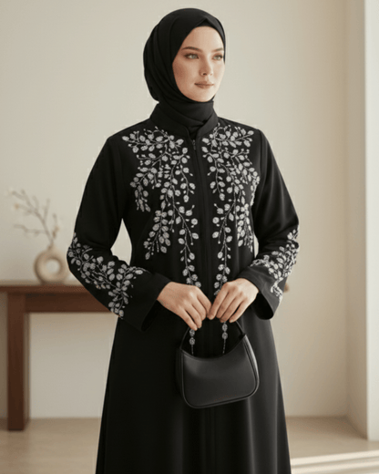 Black Abaya with White Floral Embroidery | Closed Front Modest Wear for Women