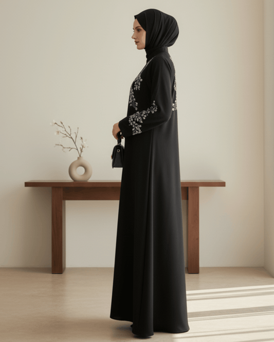 Black Abaya with White Floral Embroidery | Closed Front Modest Wear for Women