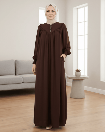 Chocolate Brown Abaya – Pleated Neck Design with Smoked Sleeves & Dual Pockets