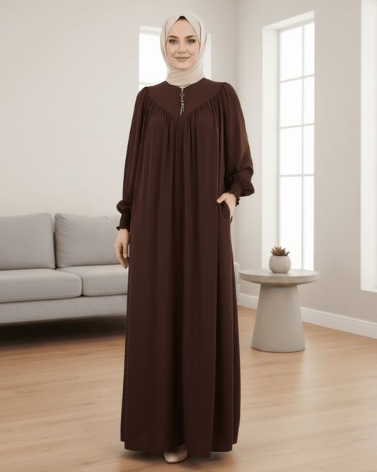 Chocolate Brown Abaya – Pleated Neck Design with Smoked Sleeves & Dual Pockets