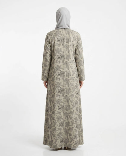 Imported Magestic Printed Light Gray Abaya - Front Open