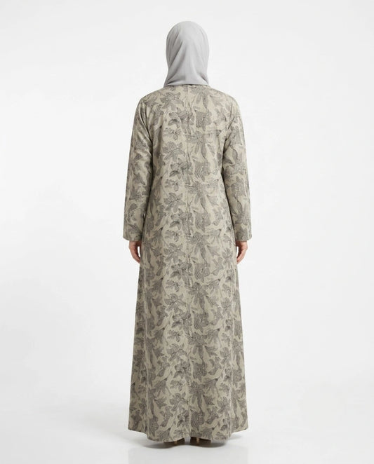 Imported Magestic Printed Light Gray Abaya - Front Open