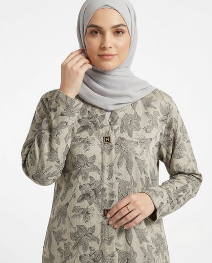 Imported Magestic Printed Light Gray Abaya - Front Open