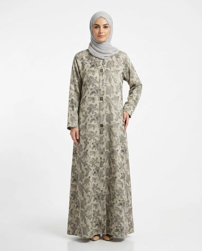 Imported Magestic Printed Light Gray Abaya - Front Open