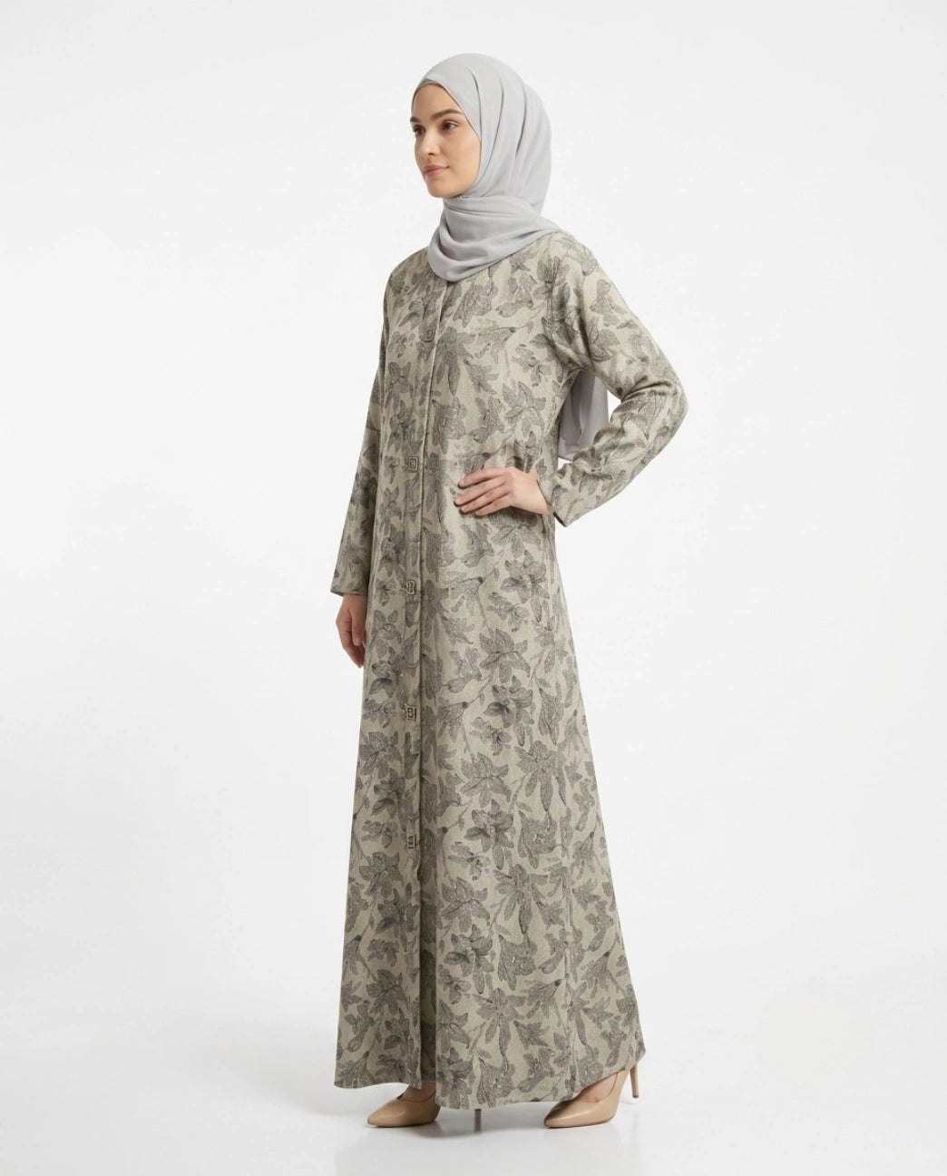 Imported Magestic Printed Light Gray Abaya - Front Open
