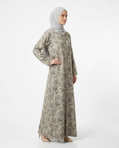Imported Magestic Printed Light Gray Abaya - Front Open