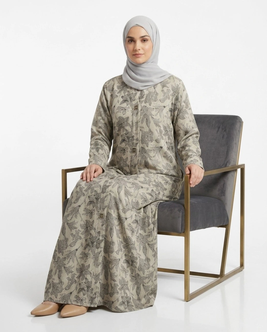 Imported Magestic Printed Light Gray Abaya - Front Open