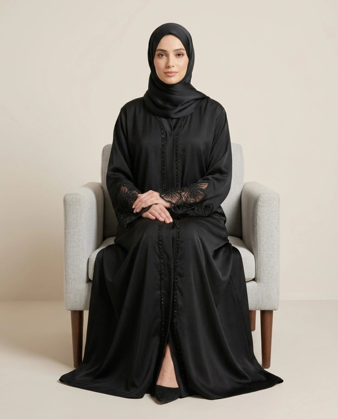 Imported Tiktok Heavy Cutwork Sleeves Abaya - Front Open