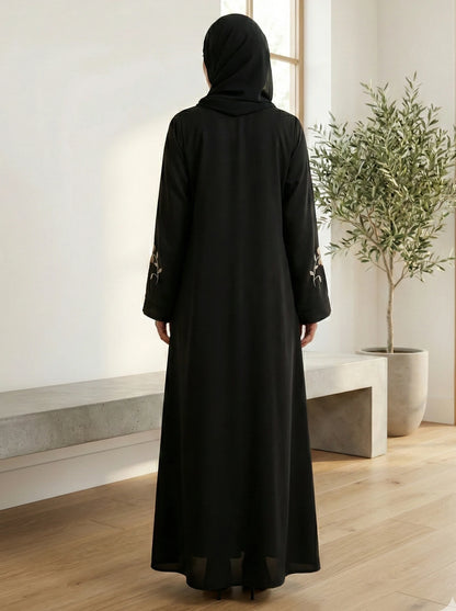 Black Nida Abaya with Golden Floral Embroidery