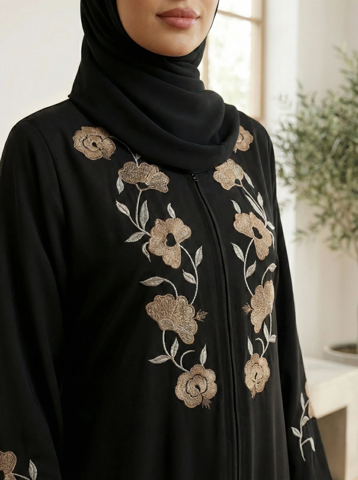 Black Nida Abaya with Golden Floral Embroidery